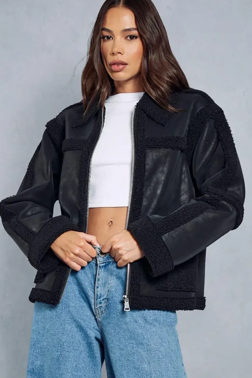 Textured Leather Look Borg Zipped Jacket