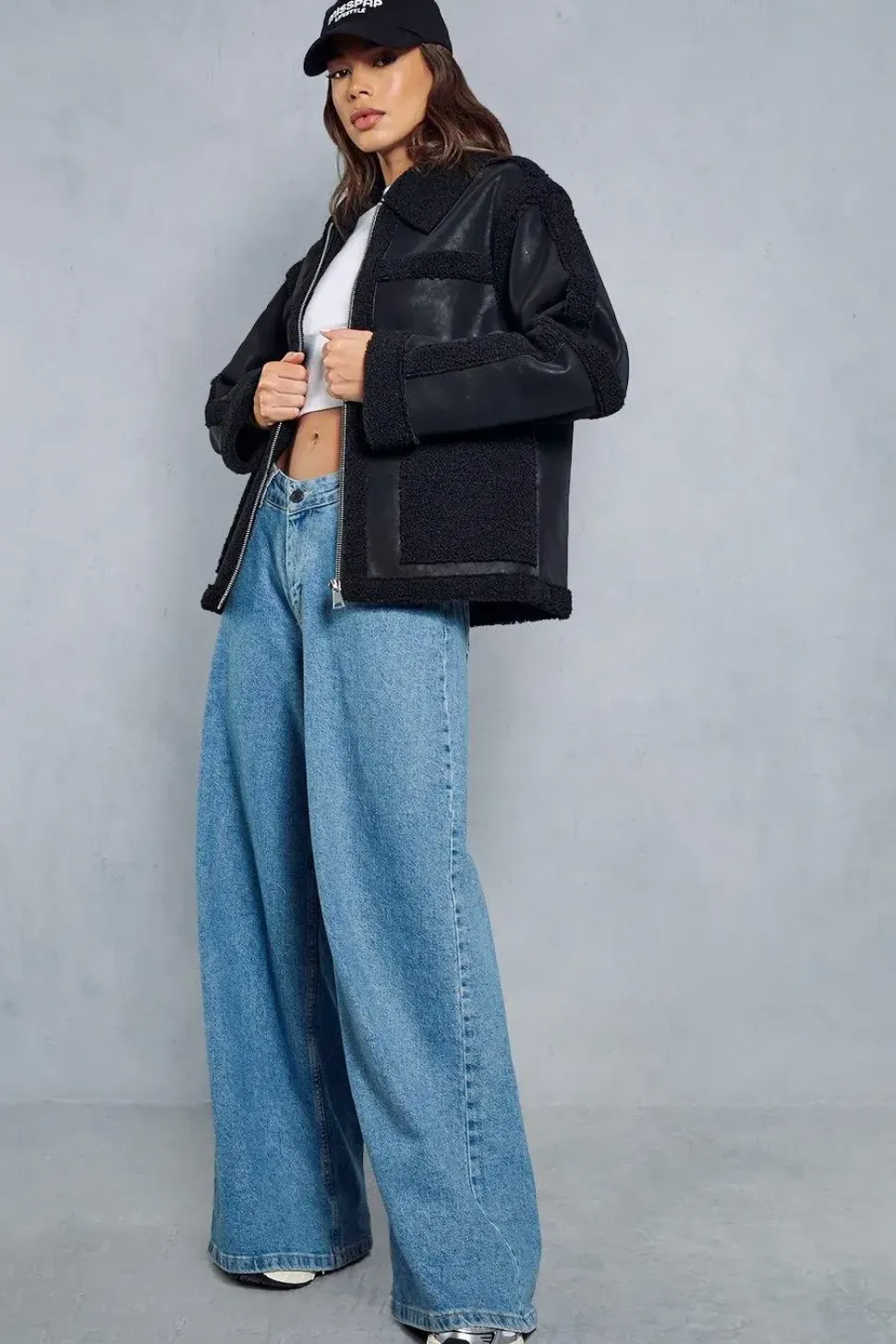 Textured Leather Look Borg Zipped Jacket