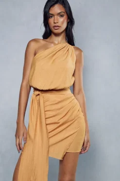 Textured Linen Look Drape Detail Mini Dress