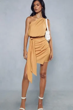 Textured Linen Look Drape Detail Mini Dress