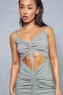 Textured Linen Look Ruched Cut Out Midi Dress