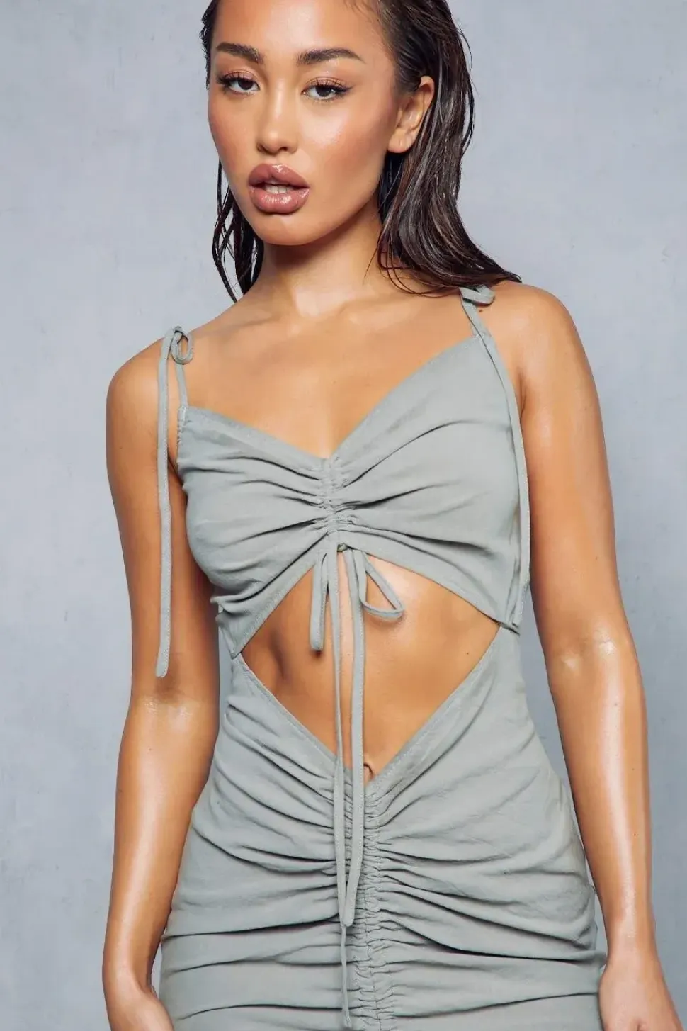 Textured Linen Look Ruched Cut Out Midi Dress