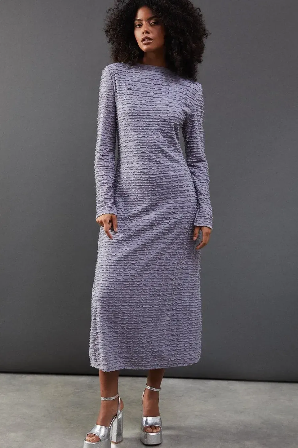 Textured Mesh Stand Neck Midi Dress