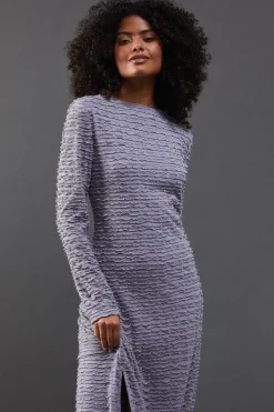 Textured Mesh Stand Neck Midi Dress