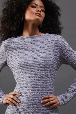 Textured Mesh Stand Neck Midi Dress