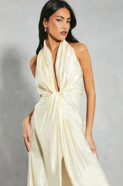 Textured Plisse Twist Detail Low Back Maxi Dress
