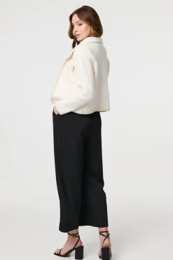 Textured Pocket Detail Crop Knit Jacket