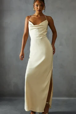 Textured Satin Cowl Neck Maxi Dress