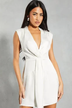 Textured Satin Drape Detail Sleeveless Bodycon Mini Dress