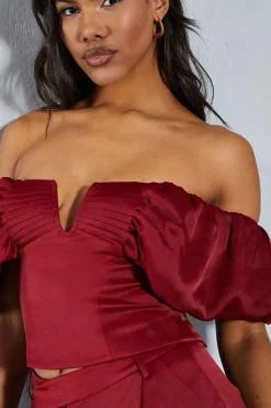 Textured Satin Pleated Bust Frill Bardot Top