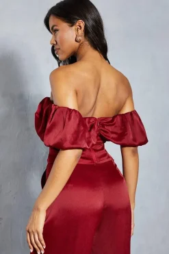 Textured Satin Pleated Bust Frill Bardot Top