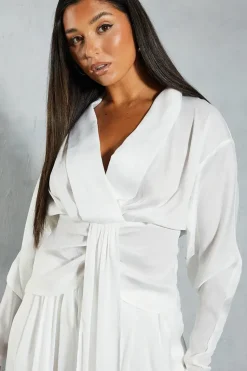 Textured Satin Plunge Neckline Drape Detail Blouse