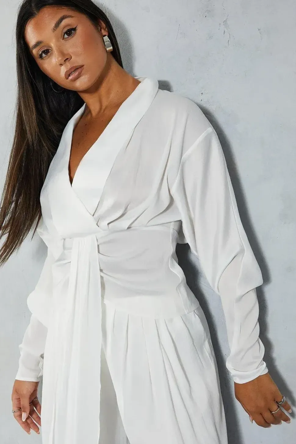 Textured Satin Plunge Neckline Drape Detail Blouse