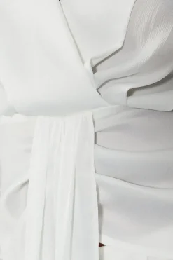 Textured Satin Plunge Neckline Drape Detail Blouse