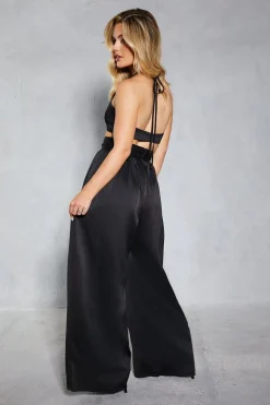 Textured Satin Strappy Cut Out Jumpsuit
