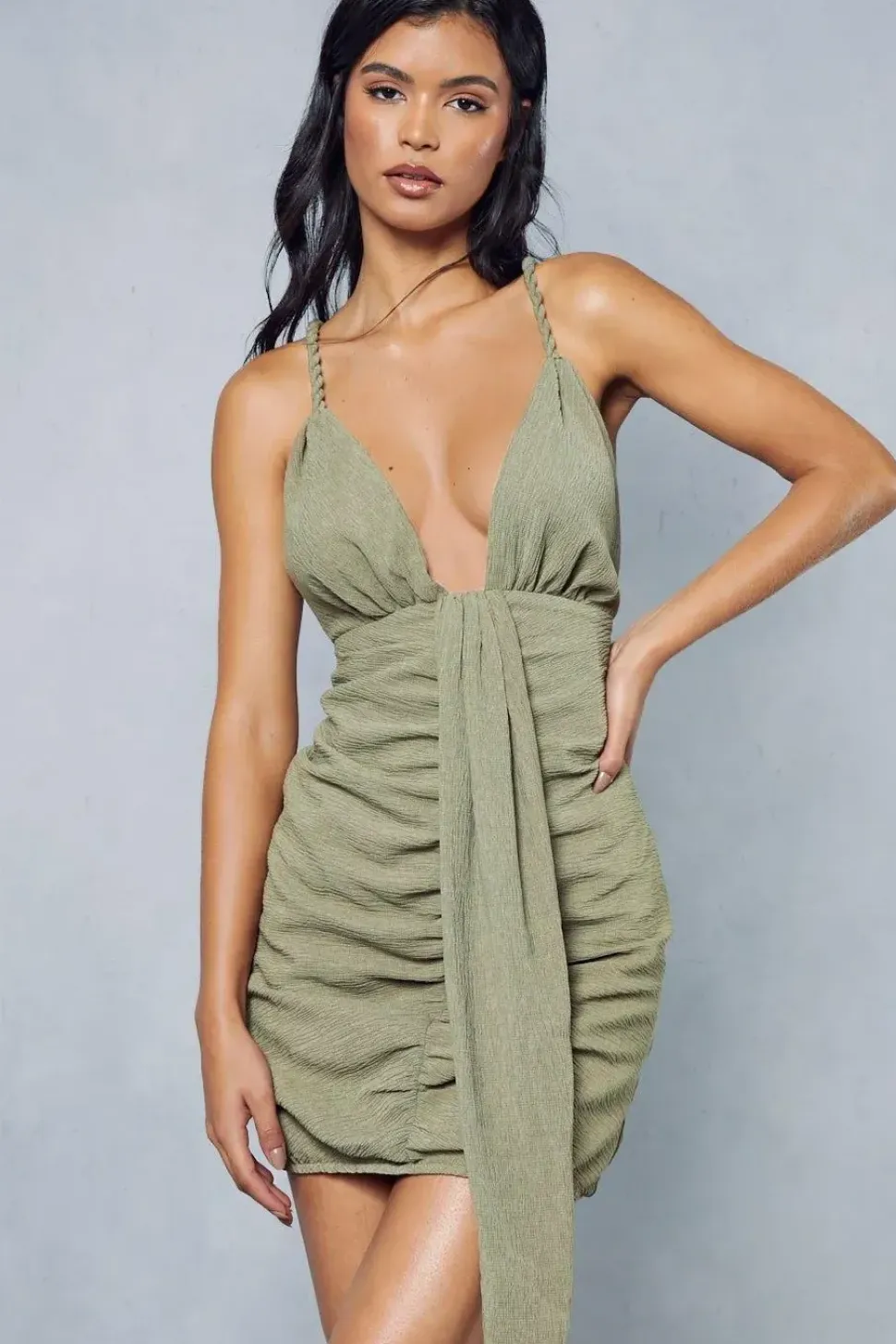 Textured Strappy Plunge Drape Bodycon Mini Dress