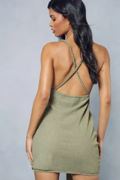 Textured Strappy Plunge Drape Bodycon Mini Dress