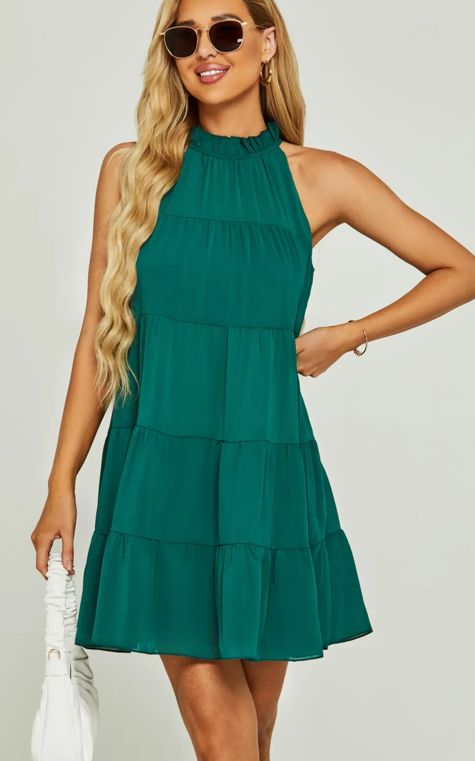 Tie Back Frill Halter Neck Mini Layer Dress In Green