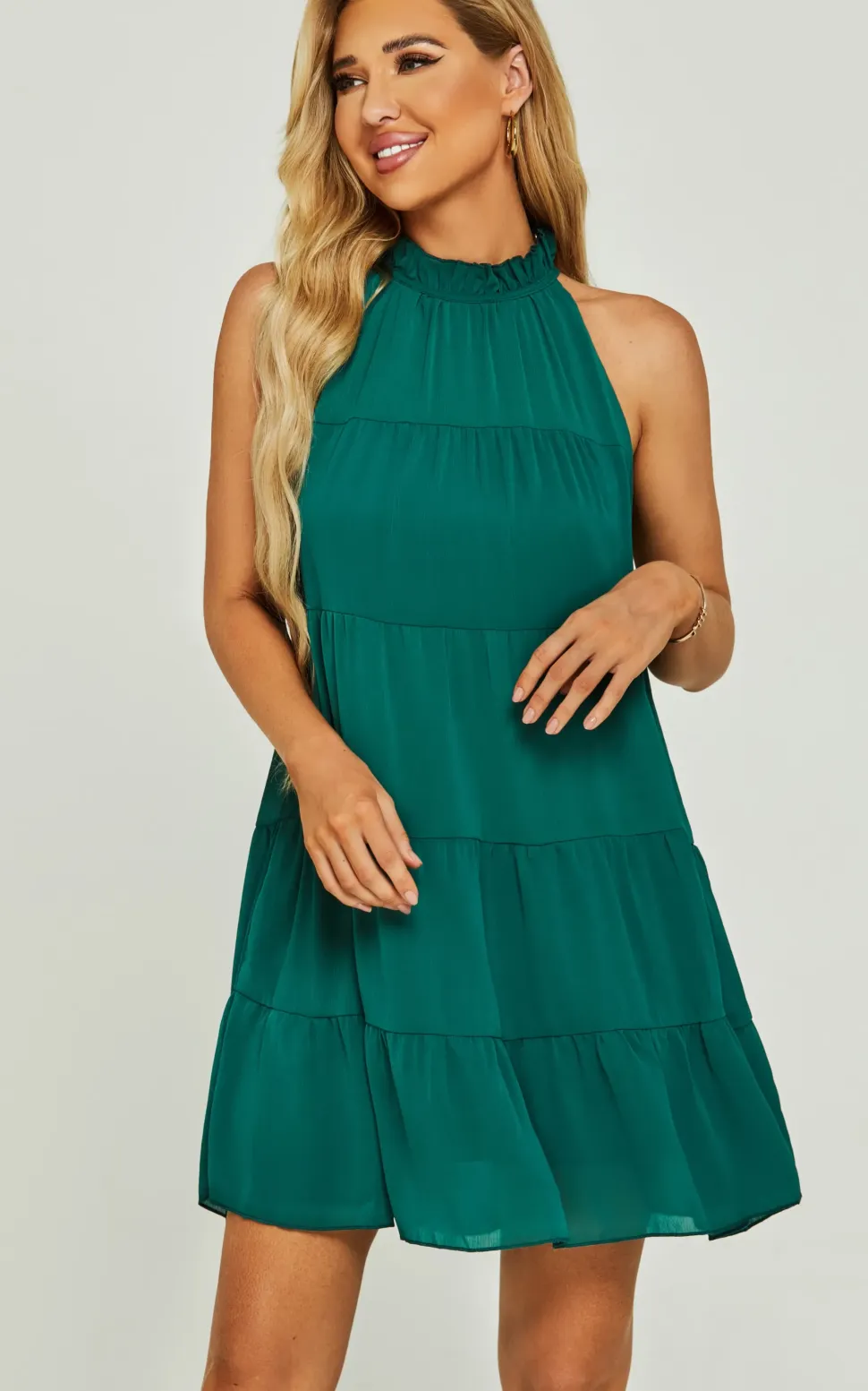Tie Back Frill Halter Neck Mini Layer Dress In Green