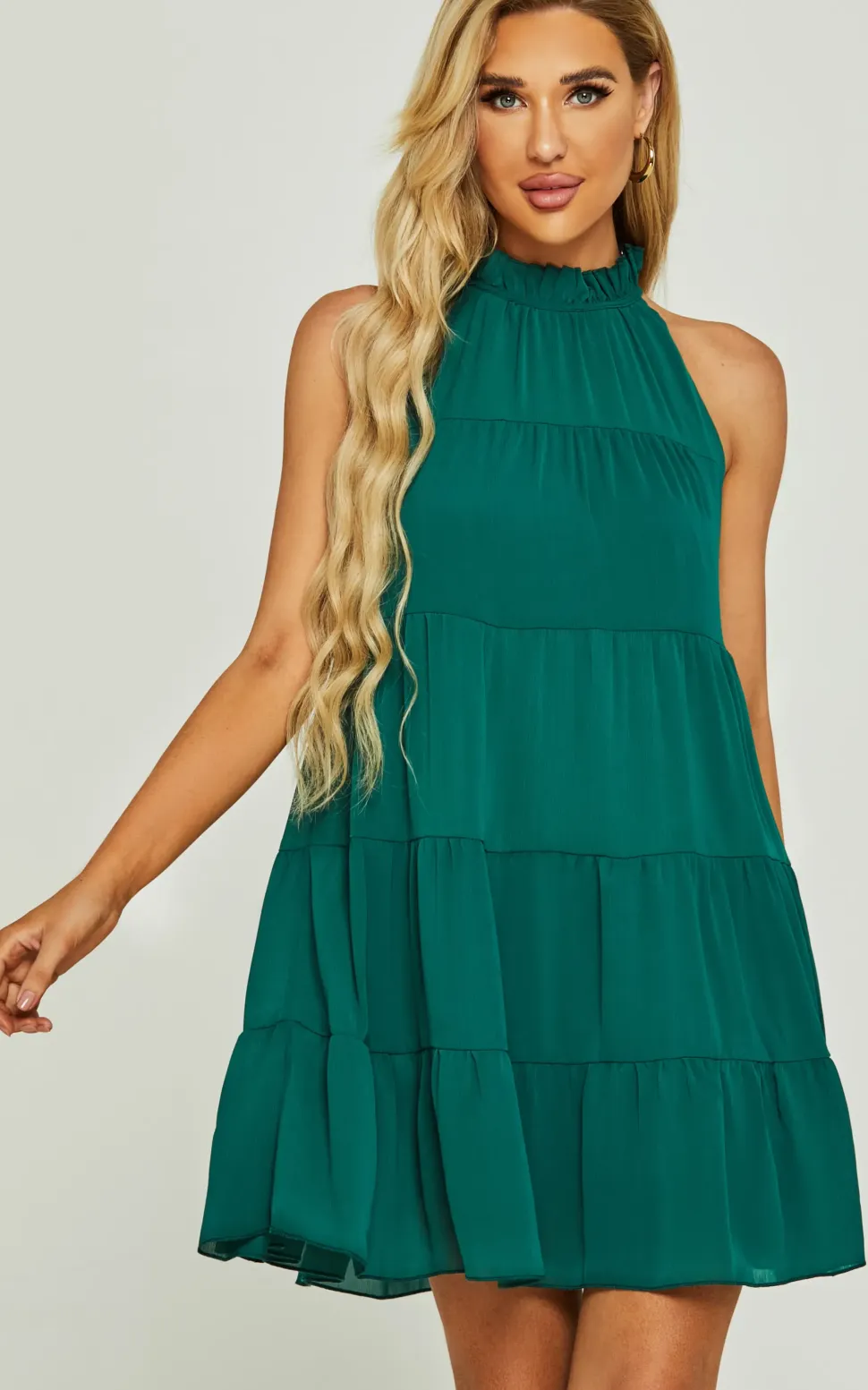 Tie Back Frill Halter Neck Mini Layer Dress In Green