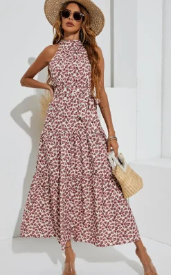 Tie Back Halter Neck Maxi Layer Dress In Pink Flora Print