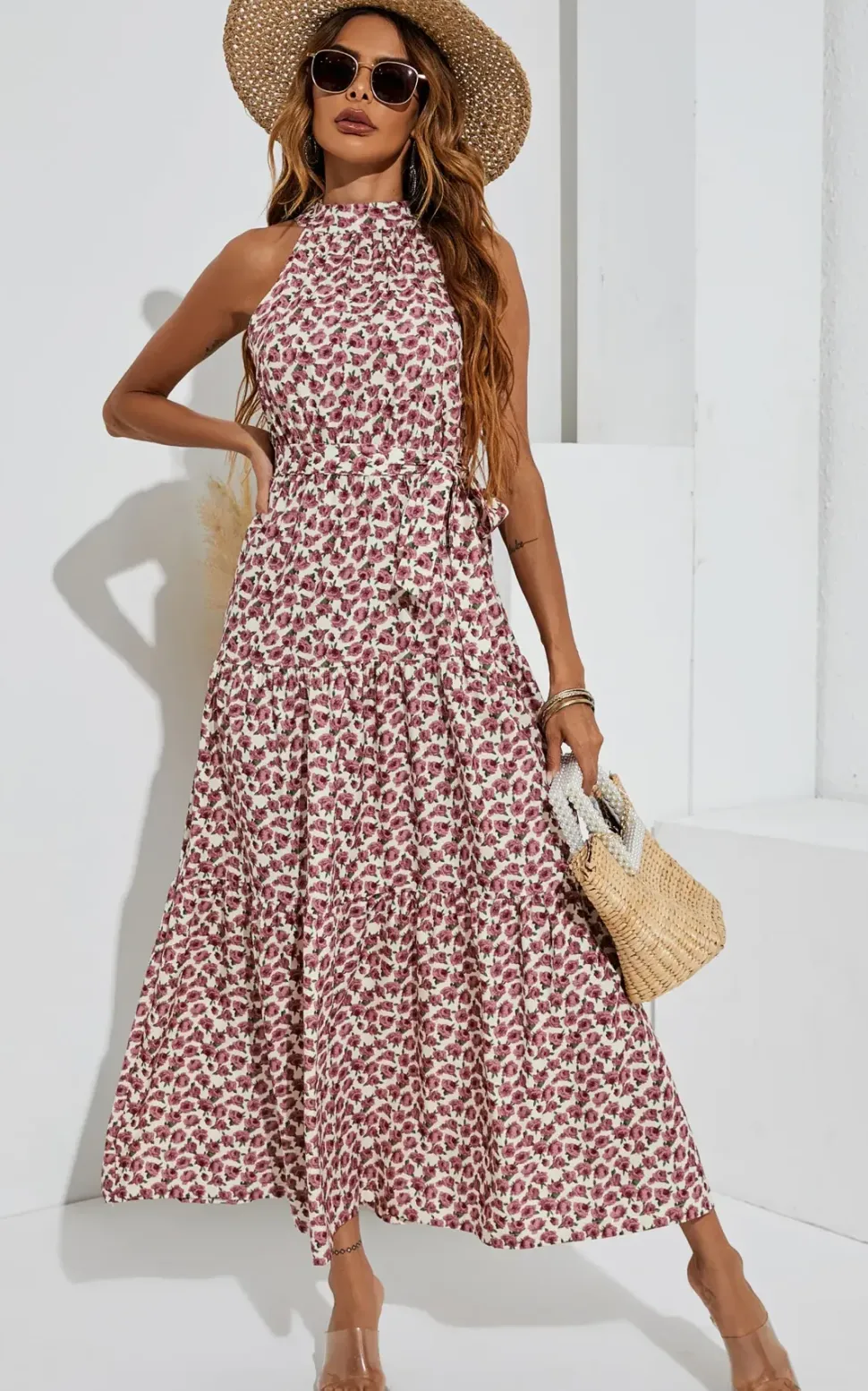 Tie Back Halter Neck Maxi Layer Dress In Pink Flora Print