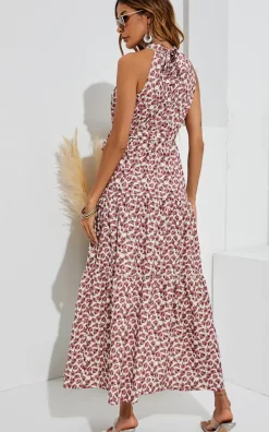 Tie Back Halter Neck Maxi Layer Dress In Pink Flora Print