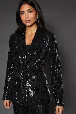 Tie Belted Sequin Blazer