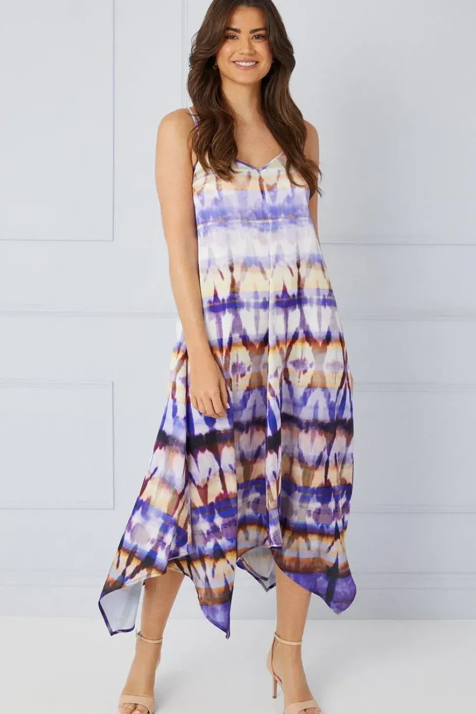 Tie Die Satin Ring Detail Hanky Hem Maxi Dress