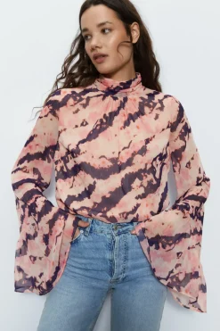 Tie Dye High Neck Flute Sleeve Blouse