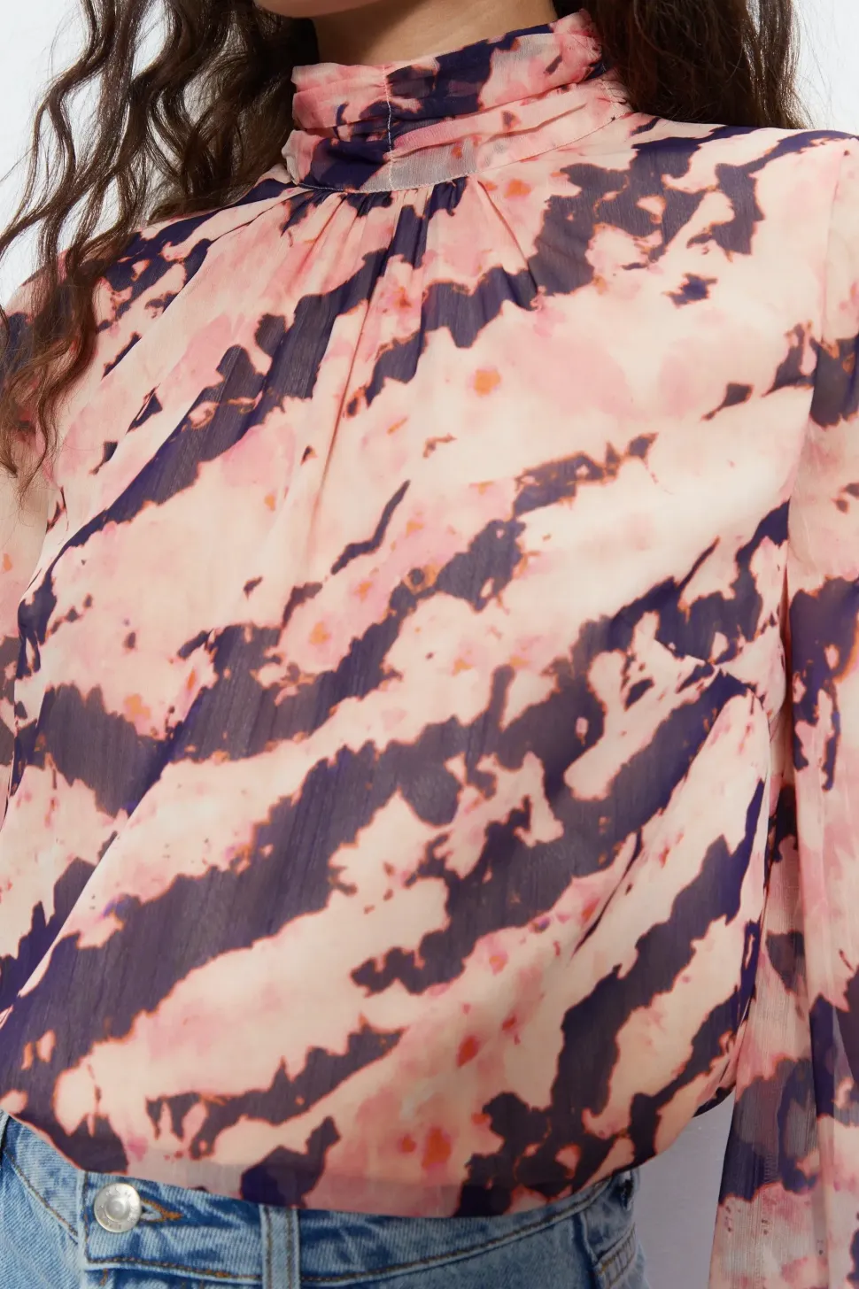 Tie Dye High Neck Flute Sleeve Blouse