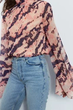 Tie Dye High Neck Flute Sleeve Blouse