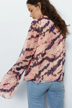 Tie Dye High Neck Flute Sleeve Blouse