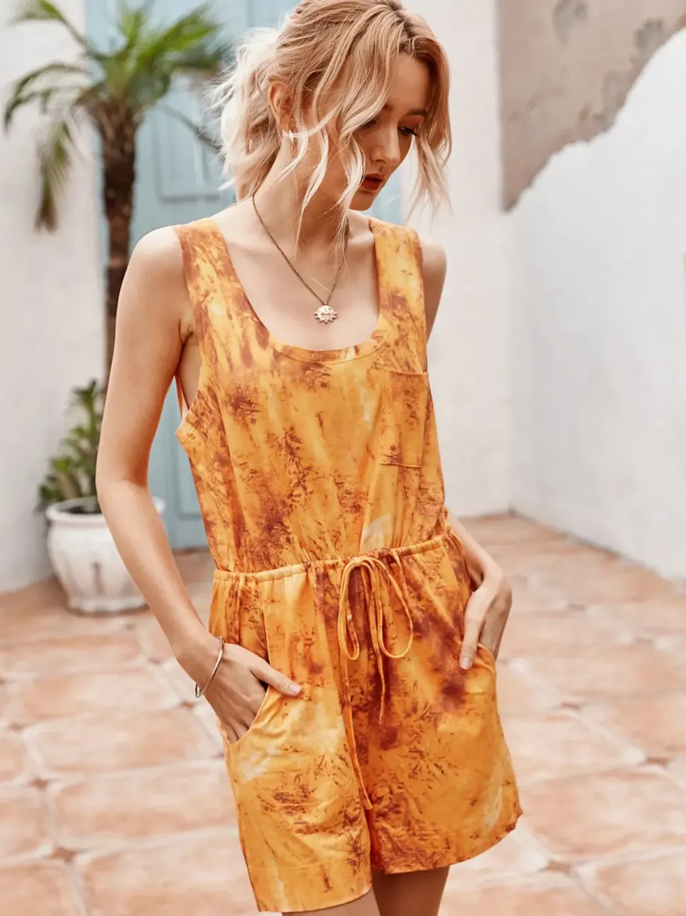 Tie Dye Relaxed Summer Playsuit In Orange