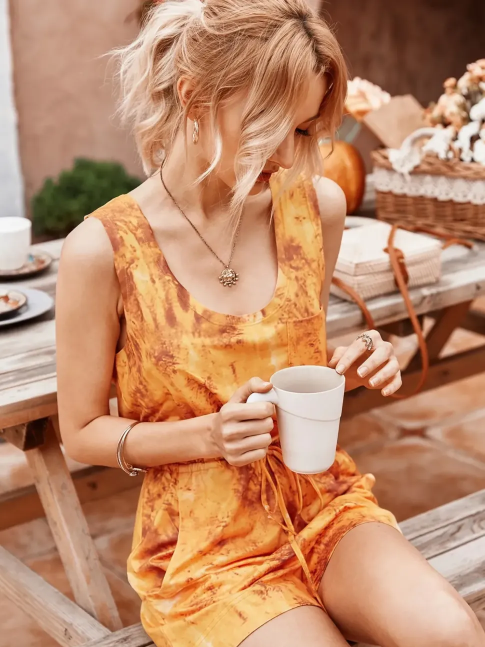 Tie Dye Relaxed Summer Playsuit In Orange