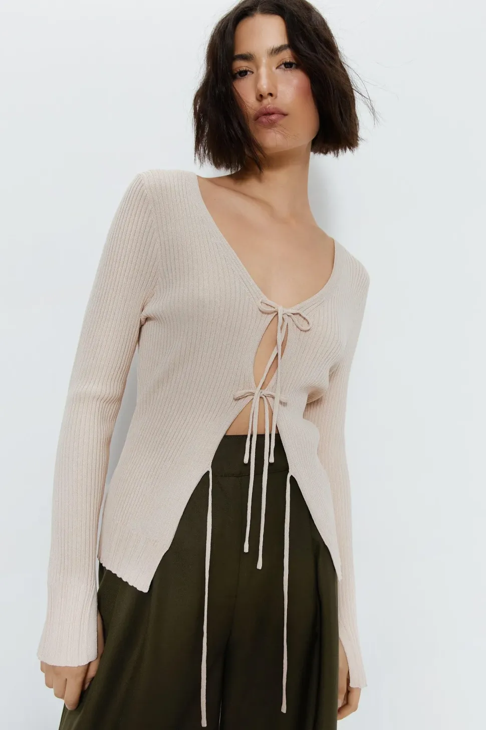 Tie Front Ribbed Knit Cardigan