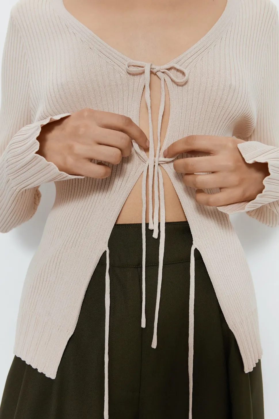 Tie Front Ribbed Knit Cardigan