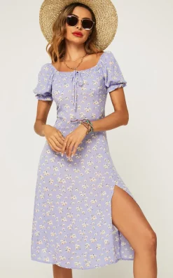 Tie Front Slip Leg Dress In Purple With Flora Print