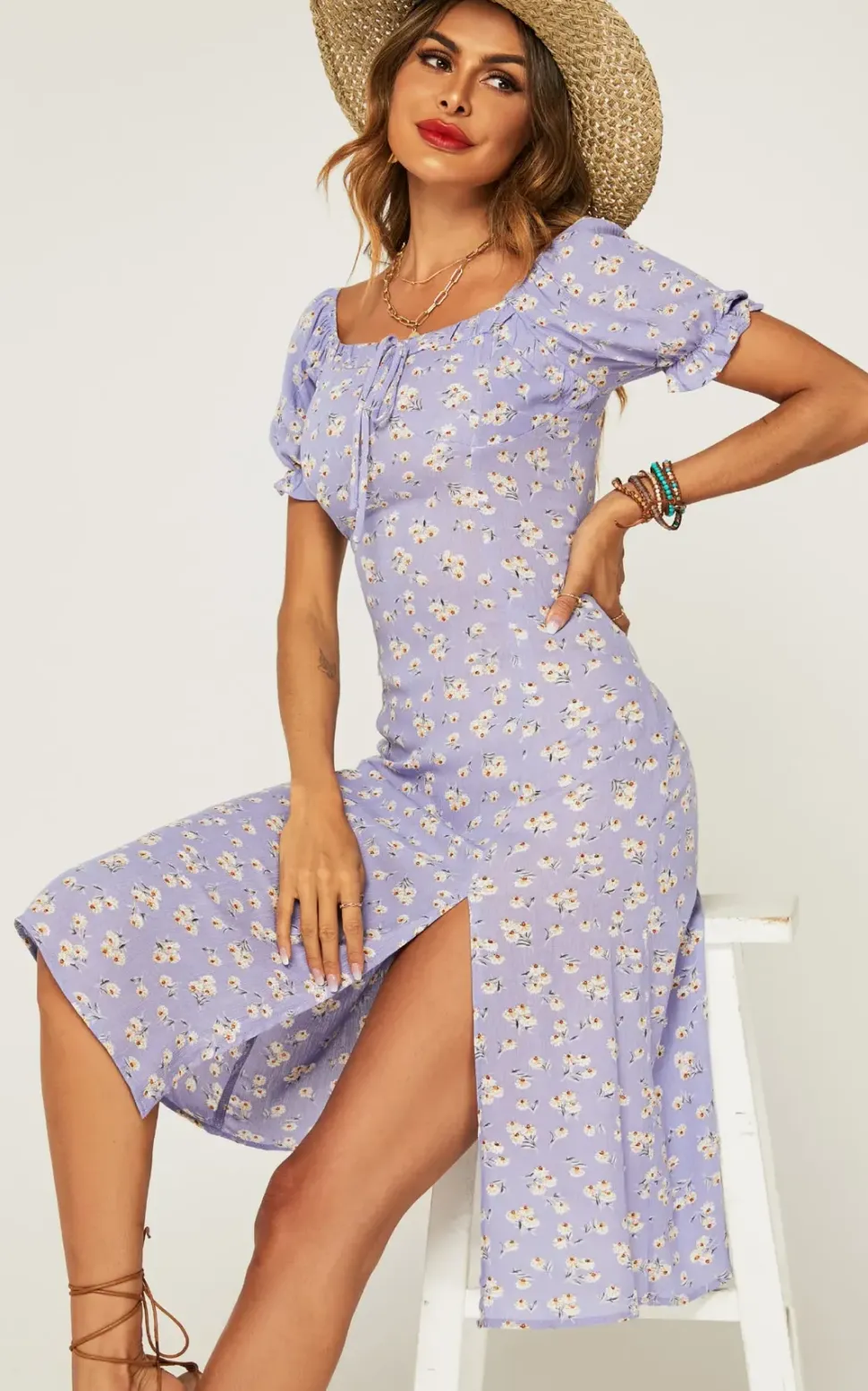 Tie Front Slip Leg Dress In Purple With Flora Print