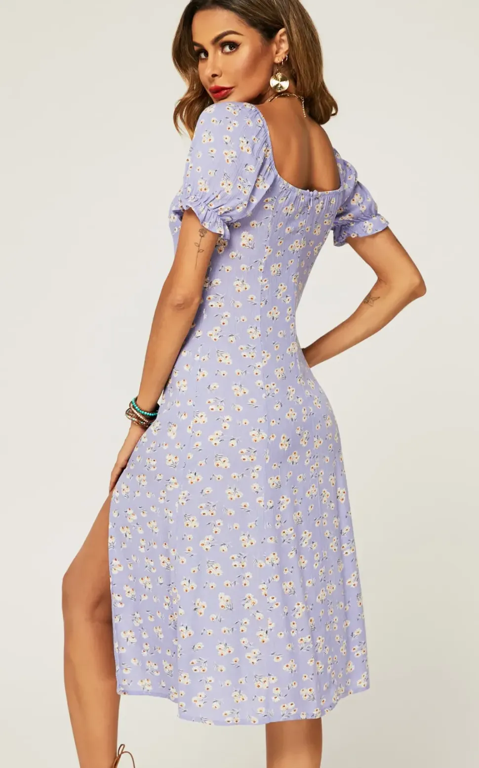 Tie Front Slip Leg Dress In Purple With Flora Print