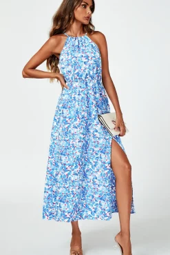 Tie Halterneck Floral Print Split Maxi Dress In Blue