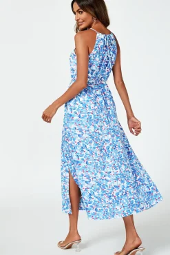 Tie Halterneck Floral Print Split Maxi Dress In Blue