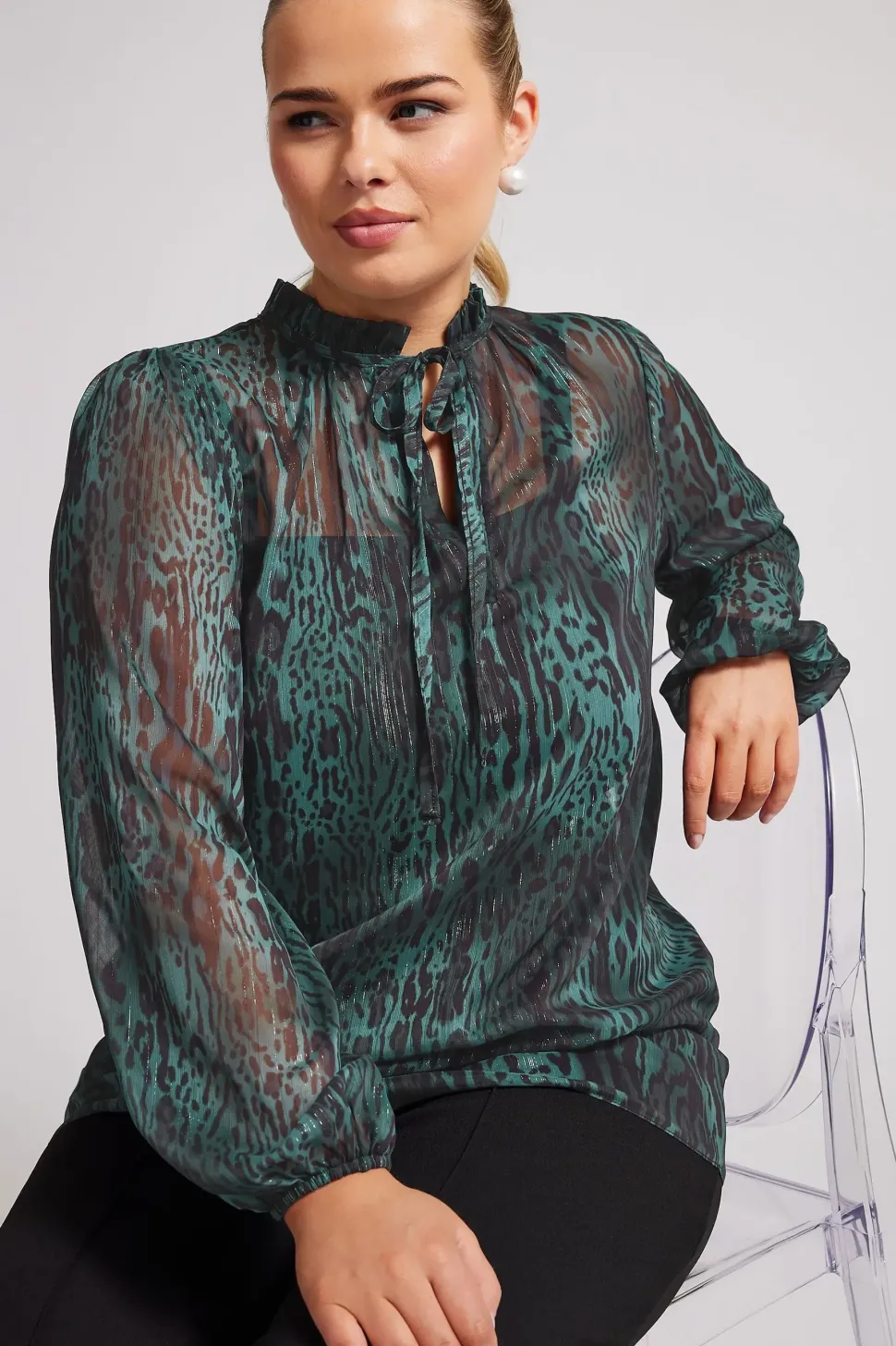 Tie Neck Mesh Blouse