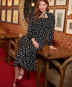 Tie-Neck Polka Dot Midi Dress