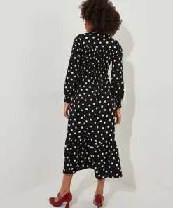 Tie-Neck Polka Dot Midi Dress