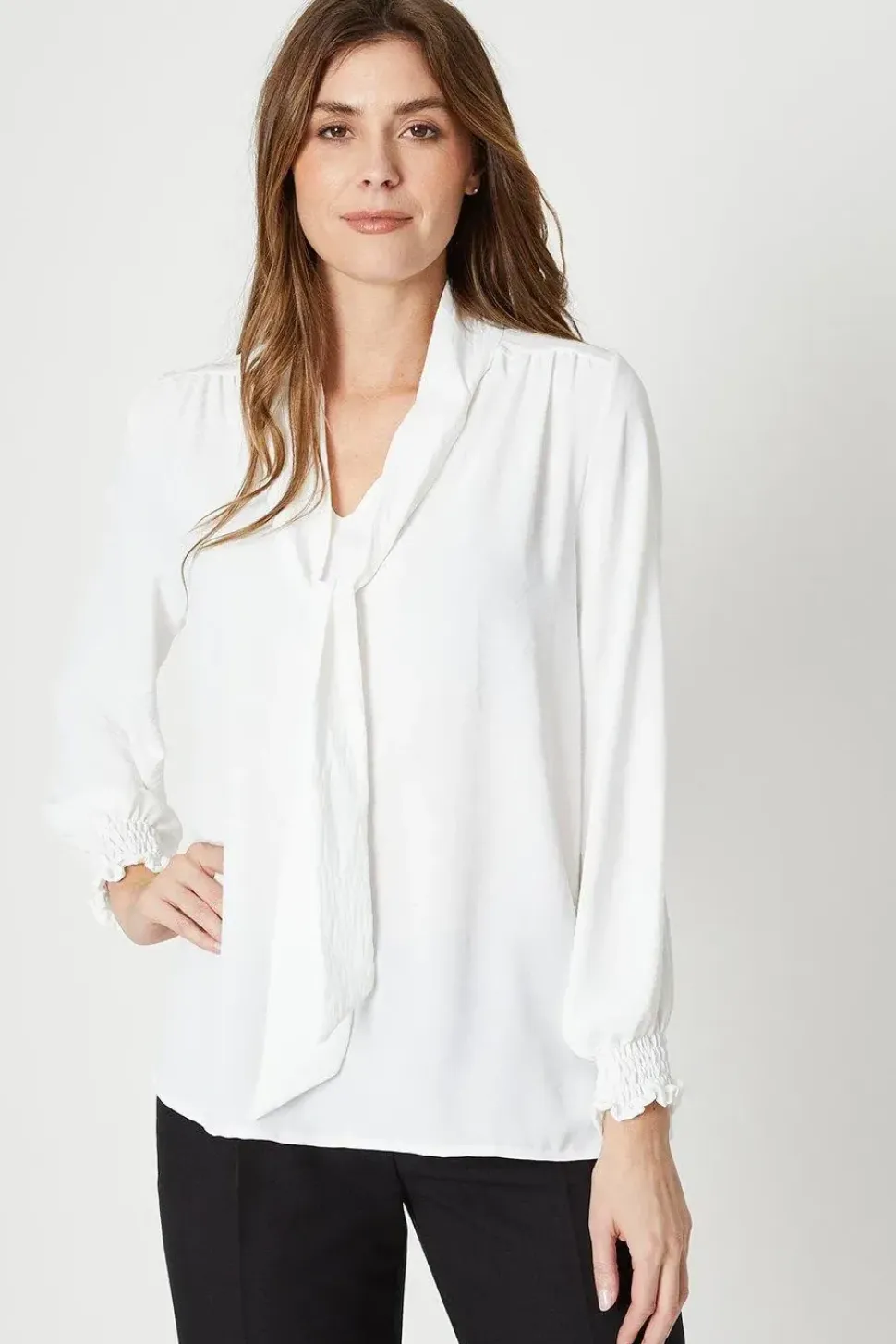 Tie Neck Shirred Cuff Top