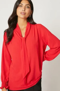 Tie Neck Shirred Cuff Top