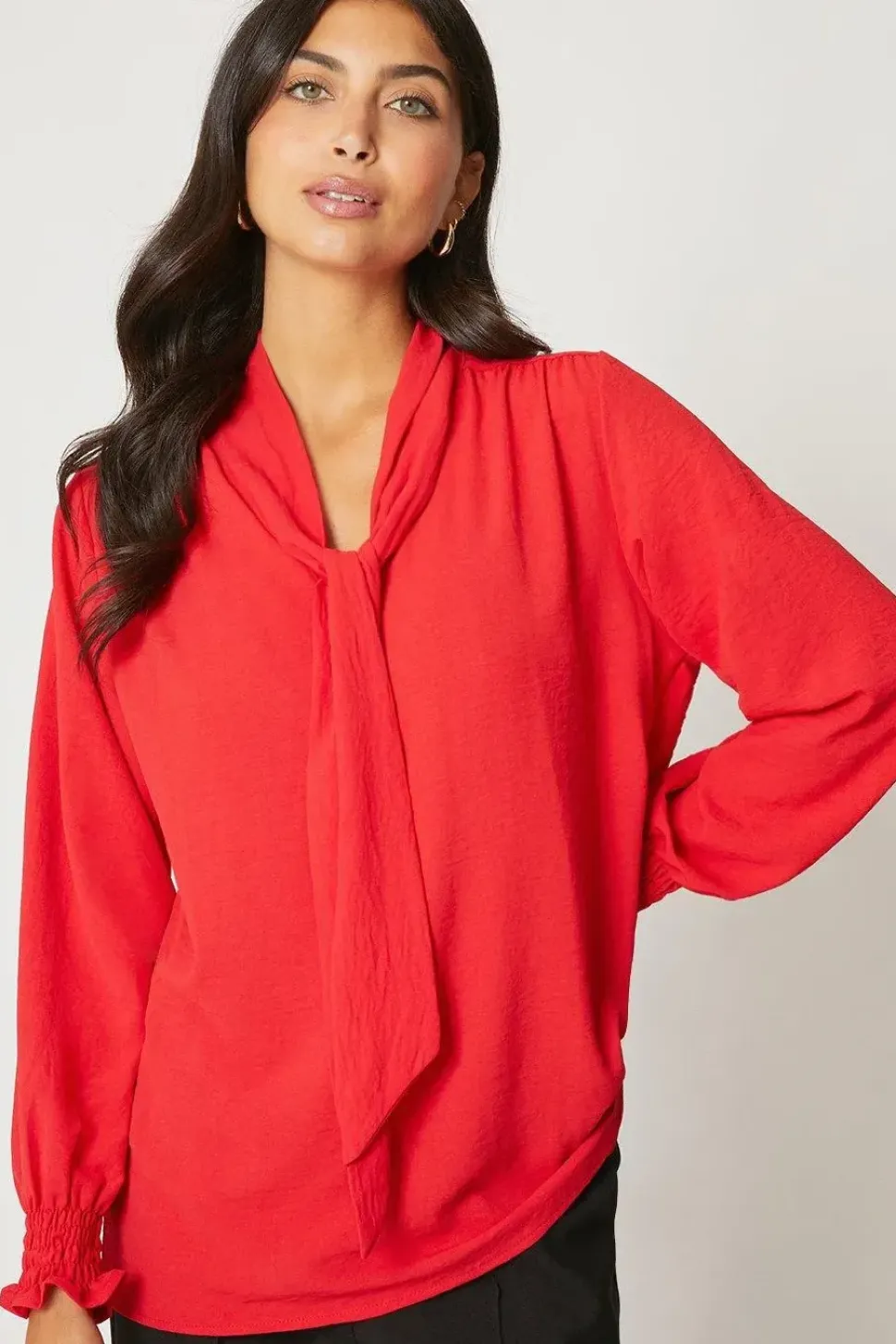 Tie Neck Shirred Cuff Top