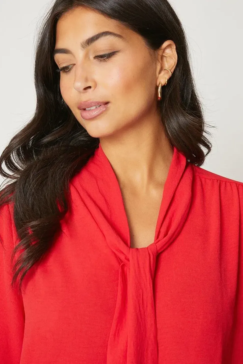 Tie Neck Shirred Cuff Top