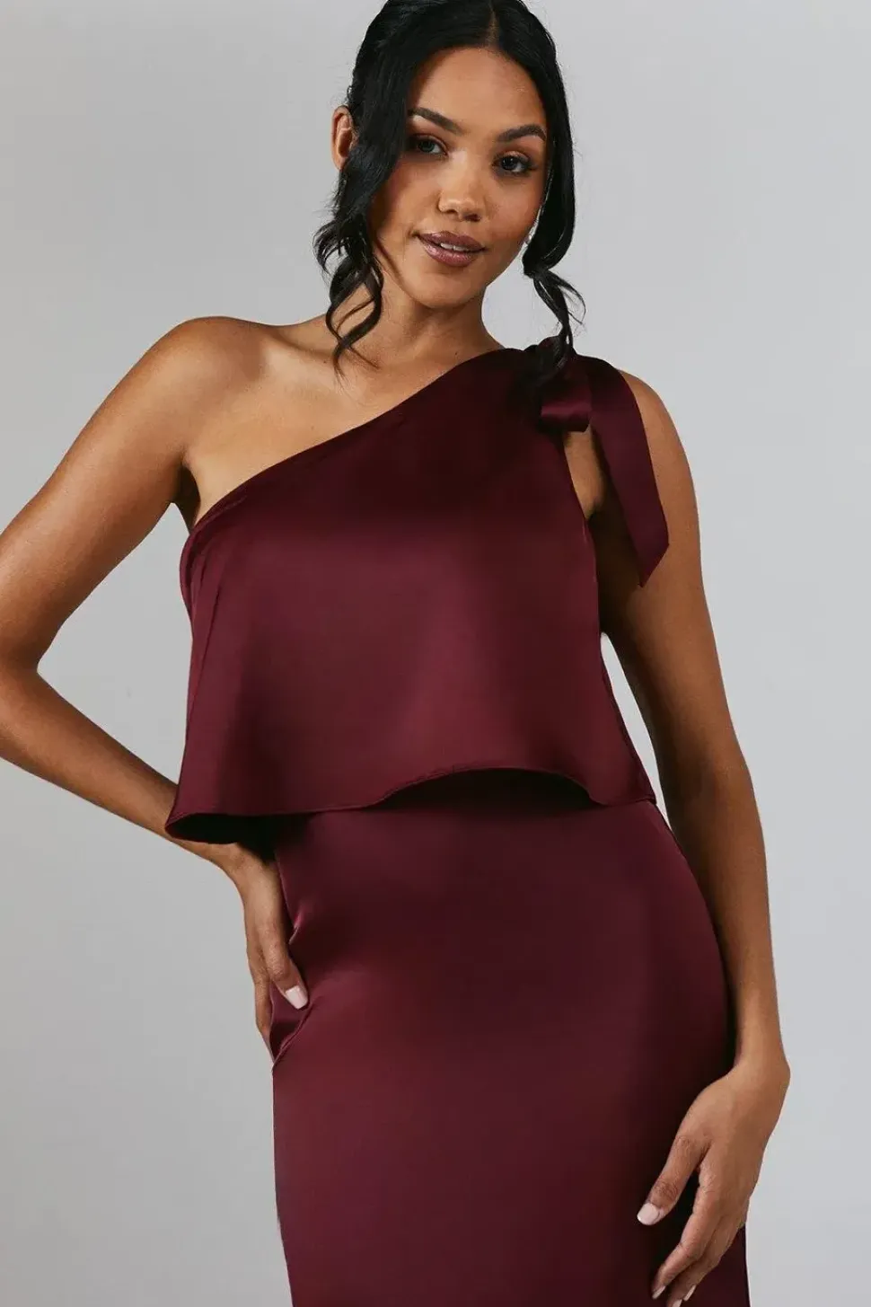 Tie One Shoulder Satin Bridesmaid Maxi Dress